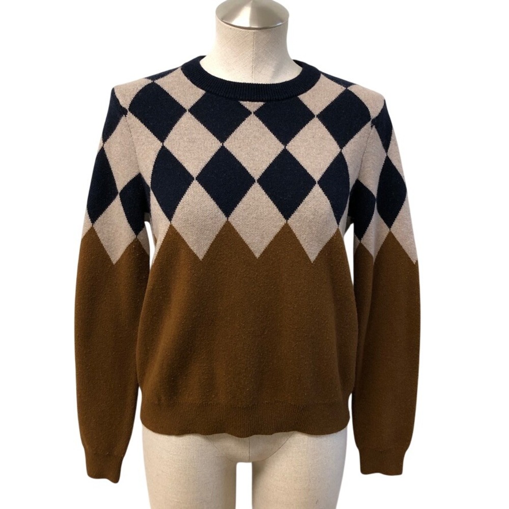 KULE Argyle Sweater Womens XS Brown Navy Beige Wool Cashmere Preppy Academia